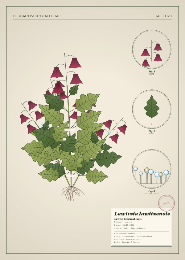 Botanische Tafel: Lawitzia lawitzensis, eine erfundene Pflanze aus Lawitz, gezeichnet wie in einem alten Pflanzenatlas