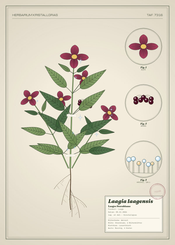 Botanische Tafel: Laagia laagensis, eine erfundene Pflanze aus Laage, gezeichnet wie in einem alten Pflanzenatlas