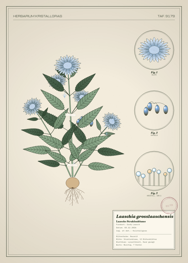 Botanische Tafel: Laaschia grosslaaschensis, eine erfundene Pflanze aus Groß Laasch, gezeichnet wie in einem alten Pflanzenatlas