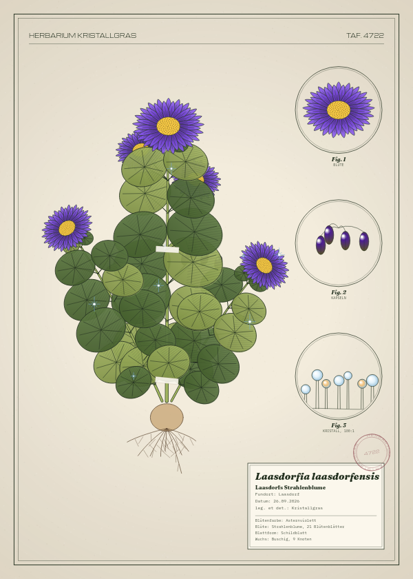 Botanische Tafel: Laasdorfia laasdorfensis, eine erfundene Pflanze aus Laasdorf, gezeichnet wie in einem alten Pflanzenatlas