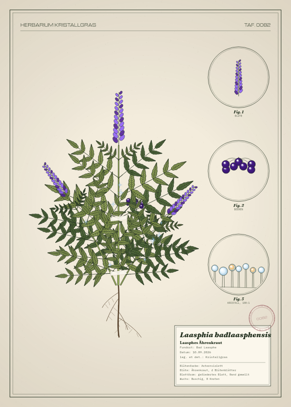 Botanische Tafel: Laasphia badlaasphensis, eine erfundene Pflanze aus Bad Laasphe, gezeichnet wie in einem alten Pflanzenatlas