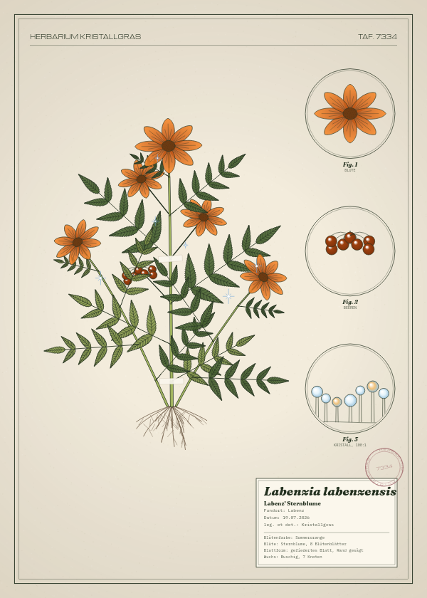 Botanische Tafel: Labenzia labenzensis, eine erfundene Pflanze aus Labenz, gezeichnet wie in einem alten Pflanzenatlas