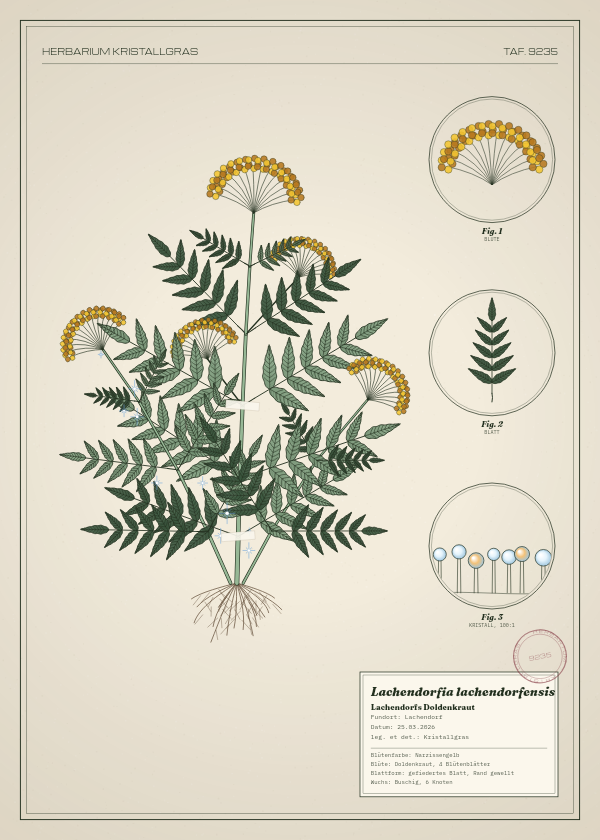 Botanische Tafel: Lachendorfia lachendorfensis, eine erfundene Pflanze aus Lachendorf, gezeichnet wie in einem alten Pflanzenatlas