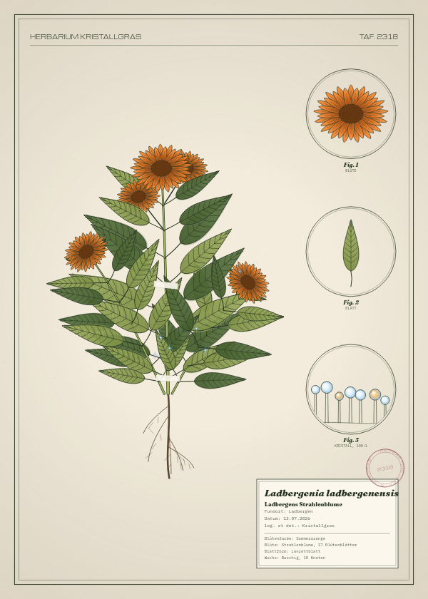 Botanische Tafel: Ladbergenia ladbergenensis, eine erfundene Pflanze aus Ladbergen, gezeichnet wie in einem alten Pflanzenatlas