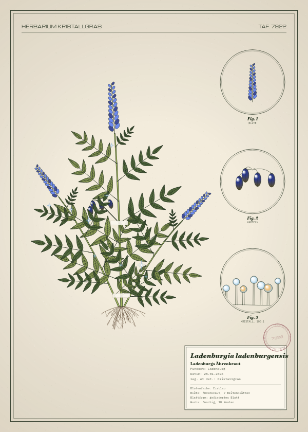 Botanische Tafel: Ladenburgia ladenburgensis, eine erfundene Pflanze aus Ladenburg, gezeichnet wie in einem alten Pflanzenatlas