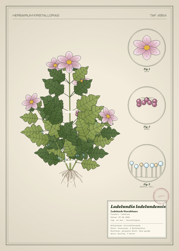 Botanische Tafel: Ladelundia ladelundensis, eine erfundene Pflanze aus Ladelund, gezeichnet wie in einem alten Pflanzenatlas