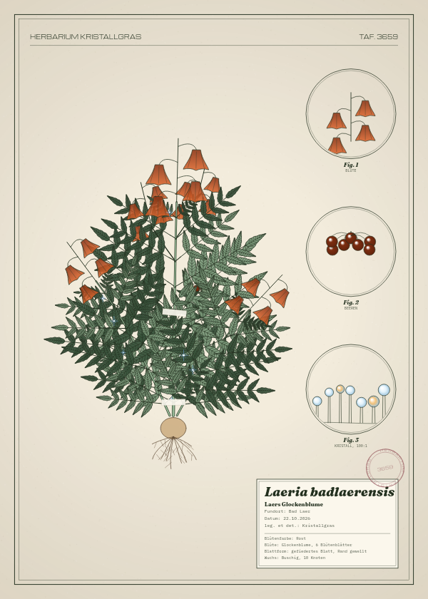Botanische Tafel: Laeria badlaerensis, eine erfundene Pflanze aus Bad Laer, gezeichnet wie in einem alten Pflanzenatlas