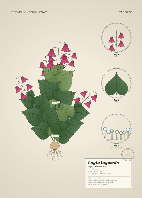 Botanische Tafel: Lagia lagensis, eine erfundene Pflanze aus Lage, gezeichnet wie in einem alten Pflanzenatlas