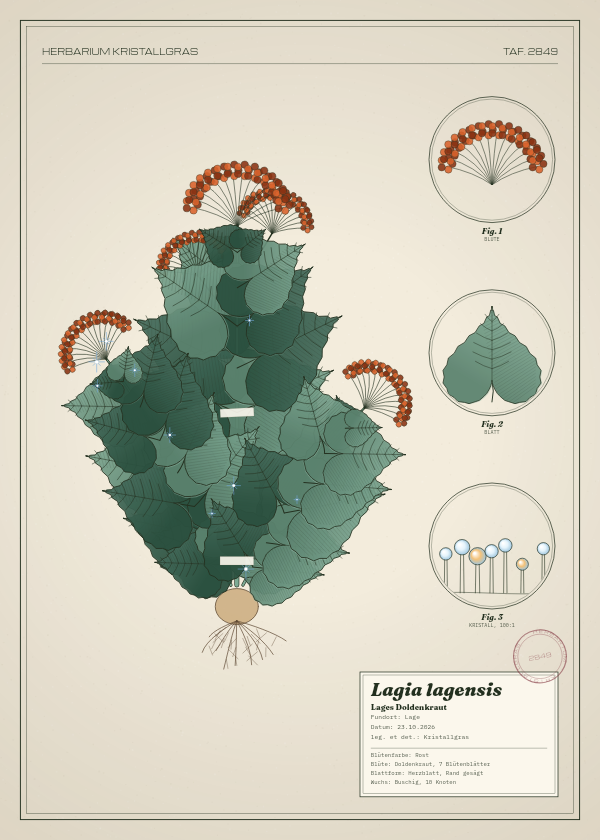 Botanische Tafel: Lagia lagensis, eine erfundene Pflanze aus Lage, gezeichnet wie in einem alten Pflanzenatlas