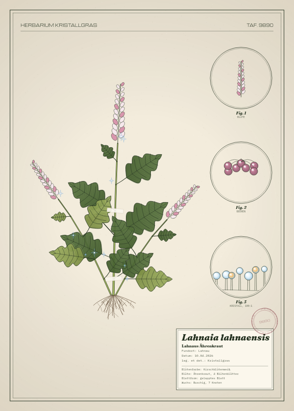 Botanische Tafel: Lahnaia lahnaensis, eine erfundene Pflanze aus Lahnau, gezeichnet wie in einem alten Pflanzenatlas