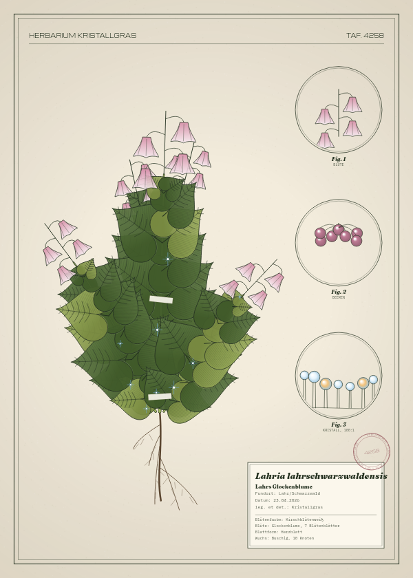 Botanische Tafel: Lahria lahrschwarzwaldensis, eine erfundene Pflanze aus Lahr/Schwarzwald, gezeichnet wie in einem alten Pflanzenatlas