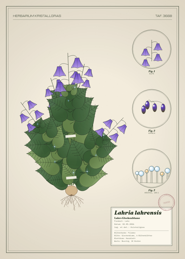 Botanische Tafel: Lahria lahrensis, eine erfundene Pflanze aus Lahr, gezeichnet wie in einem alten Pflanzenatlas