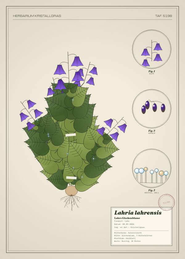 Botanische Tafel: Lahria lahrensis, eine erfundene Pflanze aus Lahr, gezeichnet wie in einem alten Pflanzenatlas