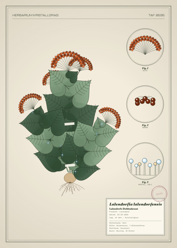 Botanische Tafel: Lalendorfia lalendorfensis, eine erfundene Pflanze aus Lalendorf, gezeichnet wie in einem alten Pflanzenatlas