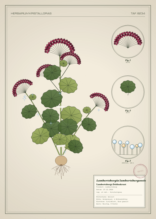 Botanische Tafel: Lambertsbergia lambertsbergensis, eine erfundene Pflanze aus Lambertsberg, gezeichnet wie in einem alten Pflanzenatlas