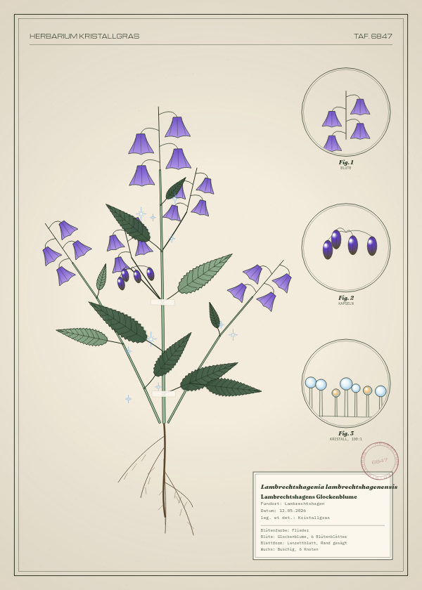 Botanische Tafel: Lambrechtshagenia lambrechtshagenensis, eine erfundene Pflanze aus Lambrechtshagen, gezeichnet wie in einem alten Pflanzenatlas