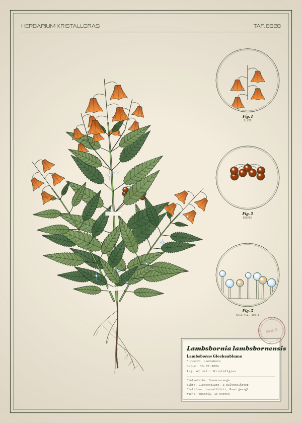 Botanische Tafel: Lambsbornia lambsbornensis, eine erfundene Pflanze aus Lambsborn, gezeichnet wie in einem alten Pflanzenatlas