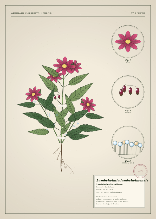 Botanische Tafel: Lambsheimia lambsheimensis, eine erfundene Pflanze aus Lambsheim, gezeichnet wie in einem alten Pflanzenatlas
