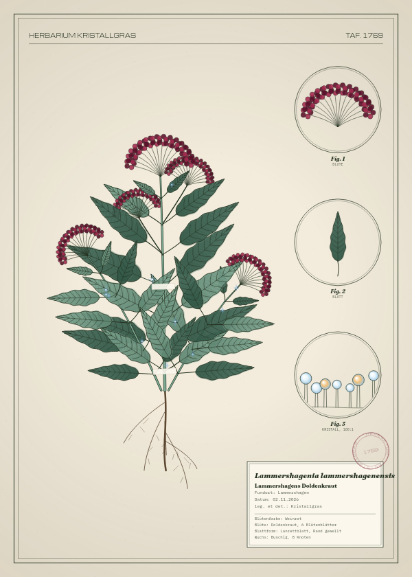 Botanische Tafel: Lammershagenia lammershagenensis, eine erfundene Pflanze aus Lammershagen, gezeichnet wie in einem alten Pflanzenatlas