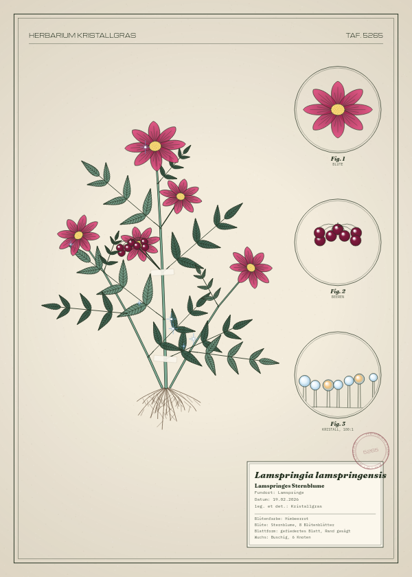 Botanische Tafel: Lamspringia lamspringensis, eine erfundene Pflanze aus Lamspringe, gezeichnet wie in einem alten Pflanzenatlas