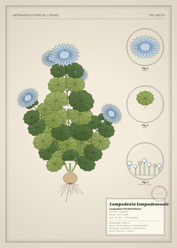 Botanische Tafel: Lampadenia lampadenensis, eine erfundene Pflanze aus Lampaden, gezeichnet wie in einem alten Pflanzenatlas
