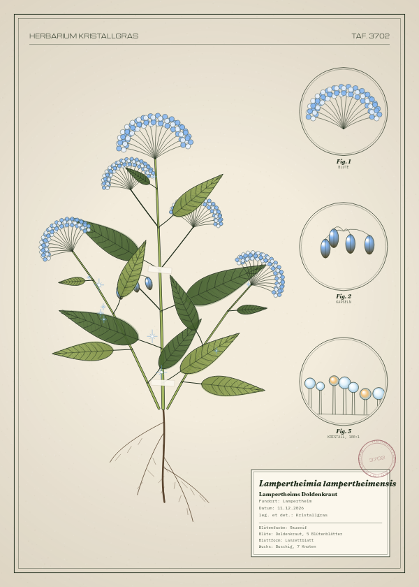 Botanische Tafel: Lampertheimia lampertheimensis, eine erfundene Pflanze aus Lampertheim, gezeichnet wie in einem alten Pflanzenatlas