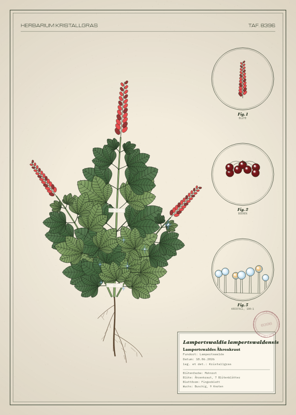 Botanische Tafel: Lampertswaldia lampertswaldensis, eine erfundene Pflanze aus Lampertswalde, gezeichnet wie in einem alten Pflanzenatlas