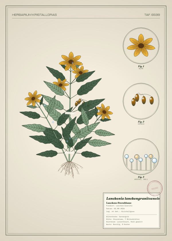 Botanische Tafel: Lanckenia lanckengranitzensis, eine erfundene Pflanze aus Lancken-Granitz, gezeichnet wie in einem alten Pflanzenatlas