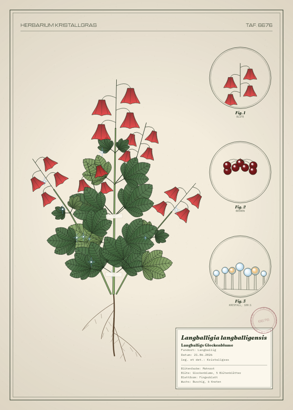 Botanische Tafel: Langballigia langballigensis, eine erfundene Pflanze aus Langballig, gezeichnet wie in einem alten Pflanzenatlas