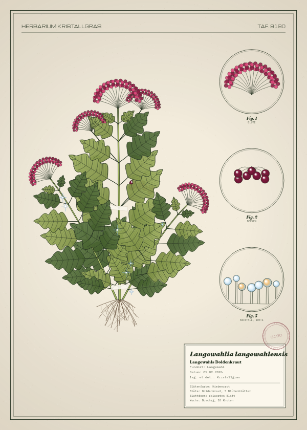 Botanische Tafel: Langewahlia langewahlensis, eine erfundene Pflanze aus Langewahl, gezeichnet wie in einem alten Pflanzenatlas