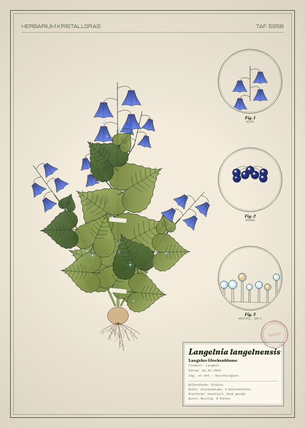 Botanische Tafel: Langelnia langelnensis, eine erfundene Pflanze aus Langeln, gezeichnet wie in einem alten Pflanzenatlas