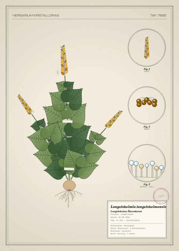 Botanische Tafel: Langelsheimia langelsheimensis, eine erfundene Pflanze aus Langelsheim, gezeichnet wie in einem alten Pflanzenatlas
