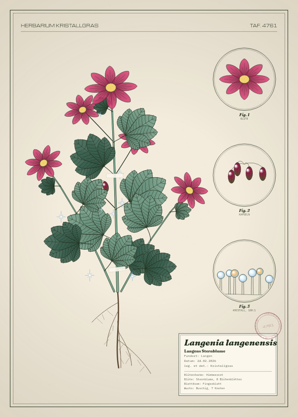 Botanische Tafel: Langenia langenensis, eine erfundene Pflanze aus Langen, gezeichnet wie in einem alten Pflanzenatlas