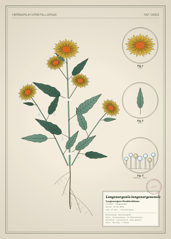 Botanische Tafel: Langenargenia langenargenensis, eine erfundene Pflanze aus Langenargen, gezeichnet wie in einem alten Pflanzenatlas