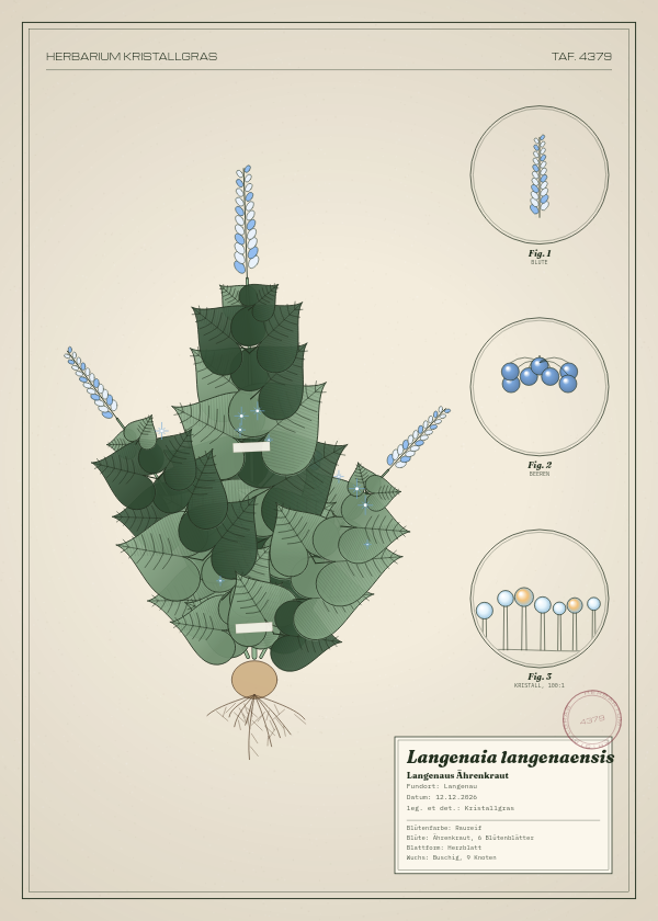 Botanische Tafel: Langenaia langenaensis, eine erfundene Pflanze aus Langenau, gezeichnet wie in einem alten Pflanzenatlas