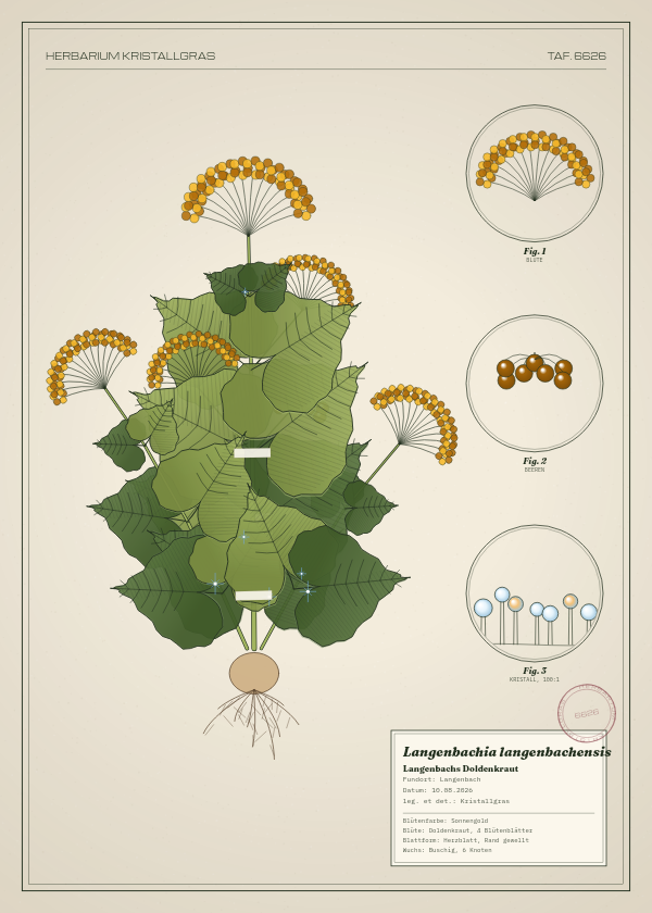 Botanische Tafel: Langenbachia langenbachensis, eine erfundene Pflanze aus Langenbach, gezeichnet wie in einem alten Pflanzenatlas