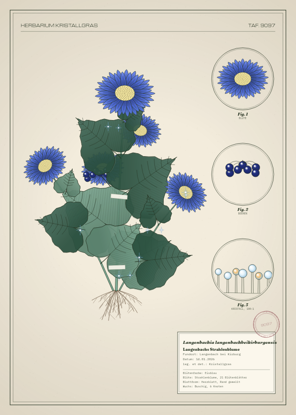 Botanische Tafel: Langenbachia langenbachbeikirburgensis, eine erfundene Pflanze aus Langenbach bei Kirburg, gezeichnet wie in einem alten Pflanzenatlas