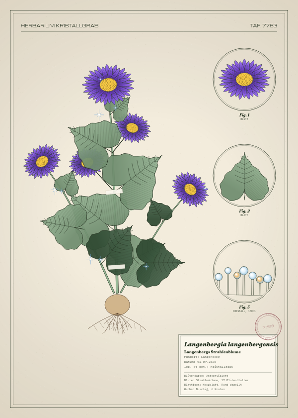 Botanische Tafel: Langenbergia langenbergensis, eine erfundene Pflanze aus Langenberg, gezeichnet wie in einem alten Pflanzenatlas