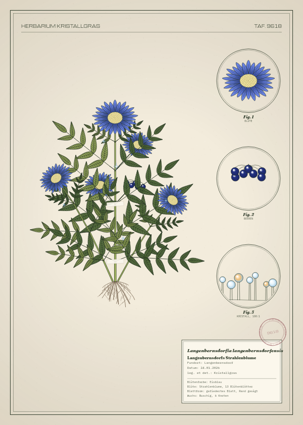 Botanische Tafel: Langenbernsdorfia langenbernsdorfensis, eine erfundene Pflanze aus Langenbernsdorf, gezeichnet wie in einem alten Pflanzenatlas