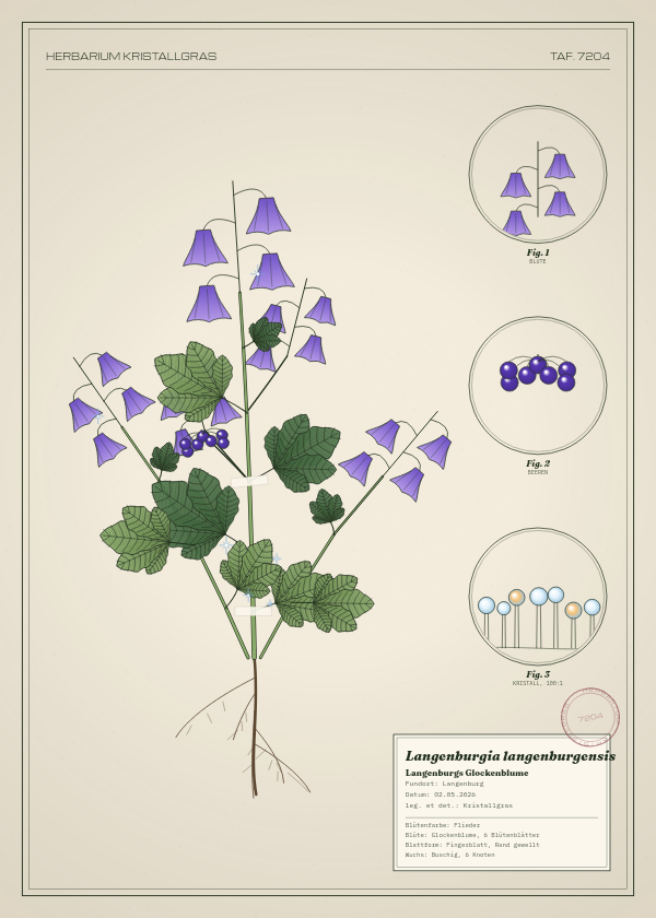Botanische Tafel: Langenburgia langenburgensis, eine erfundene Pflanze aus Langenburg, gezeichnet wie in einem alten Pflanzenatlas