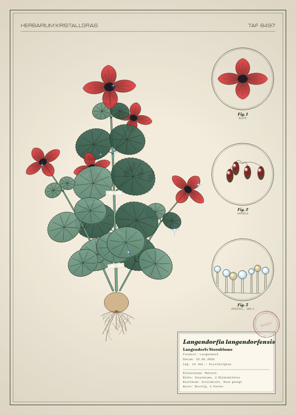 Botanische Tafel: Langendorfia langendorfensis, eine erfundene Pflanze aus Langendorf, gezeichnet wie in einem alten Pflanzenatlas