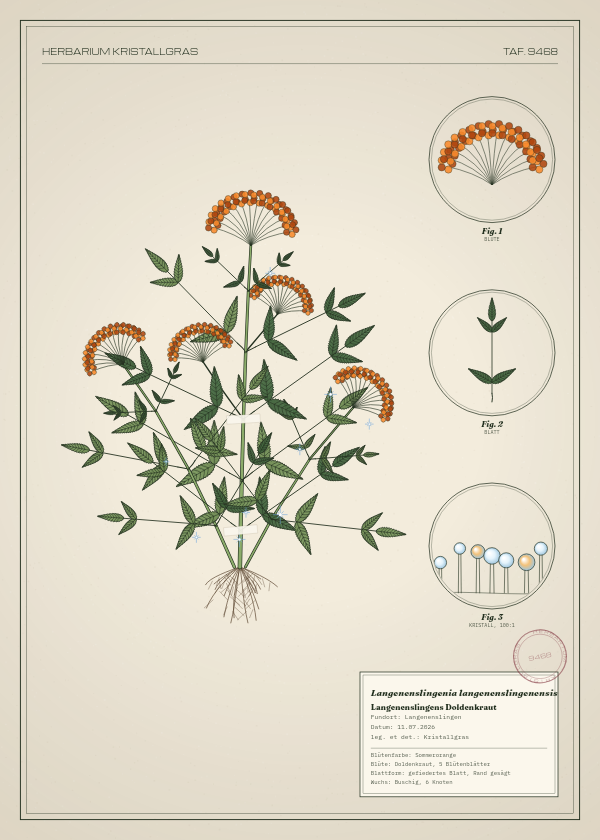 Botanische Tafel: Langenenslingenia langenenslingenensis, eine erfundene Pflanze aus Langenenslingen, gezeichnet wie in einem alten Pflanzenatlas