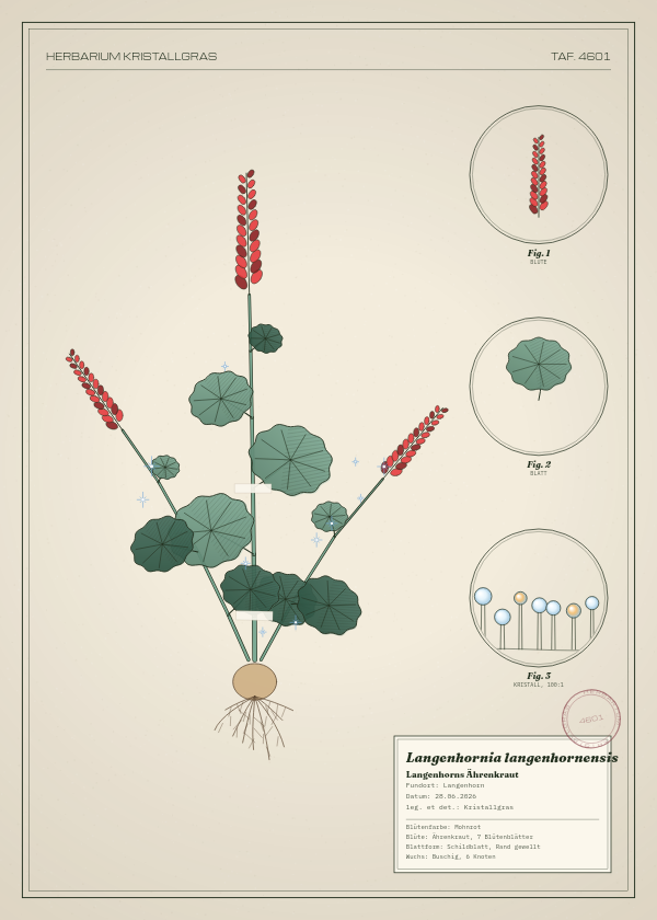 Botanische Tafel: Langenhornia langenhornensis, eine erfundene Pflanze aus Langenhorn, gezeichnet wie in einem alten Pflanzenatlas