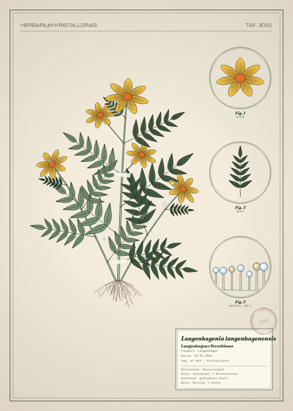 Botanische Tafel: Langenhagenia langenhagenensis, eine erfundene Pflanze aus Langenhagen, gezeichnet wie in einem alten Pflanzenatlas
