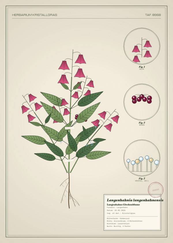 Botanische Tafel: Langenhahnia langenhahnensis, eine erfundene Pflanze aus Langenhahn, gezeichnet wie in einem alten Pflanzenatlas