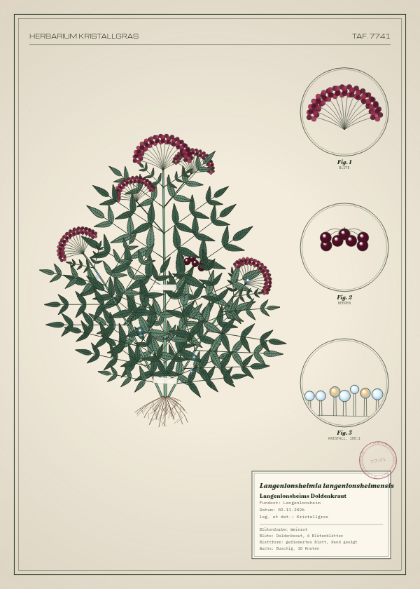 Botanische Tafel: Langenlonsheimia langenlonsheimensis, eine erfundene Pflanze aus Langenlonsheim, gezeichnet wie in einem alten Pflanzenatlas