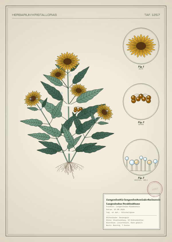 Botanische Tafel: Langenleubia langenleubaniederhainensis, eine erfundene Pflanze aus Langenleuba-Niederhain, gezeichnet wie in einem alten Pflanzenatlas