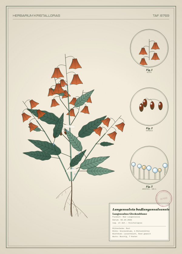 Botanische Tafel: Langensalzia badlangensalzensis, eine erfundene Pflanze aus Bad Langensalza, gezeichnet wie in einem alten Pflanzenatlas
