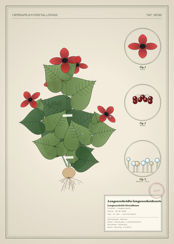 Botanische Tafel: Langenscheidia langenscheidensis, eine erfundene Pflanze aus Langenscheid, gezeichnet wie in einem alten Pflanzenatlas