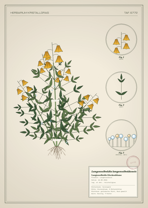 Botanische Tafel: Langenselboldia langenselboldensis, eine erfundene Pflanze aus Langenselbold, gezeichnet wie in einem alten Pflanzenatlas